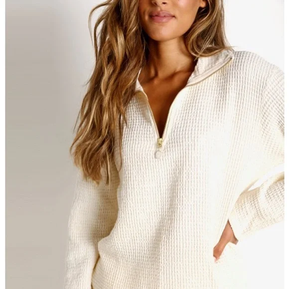 DONNI. Waffle 1/2 Zip Pullover Cream + Freshwater Pearl. Size M NWT - Picture 1 of 7